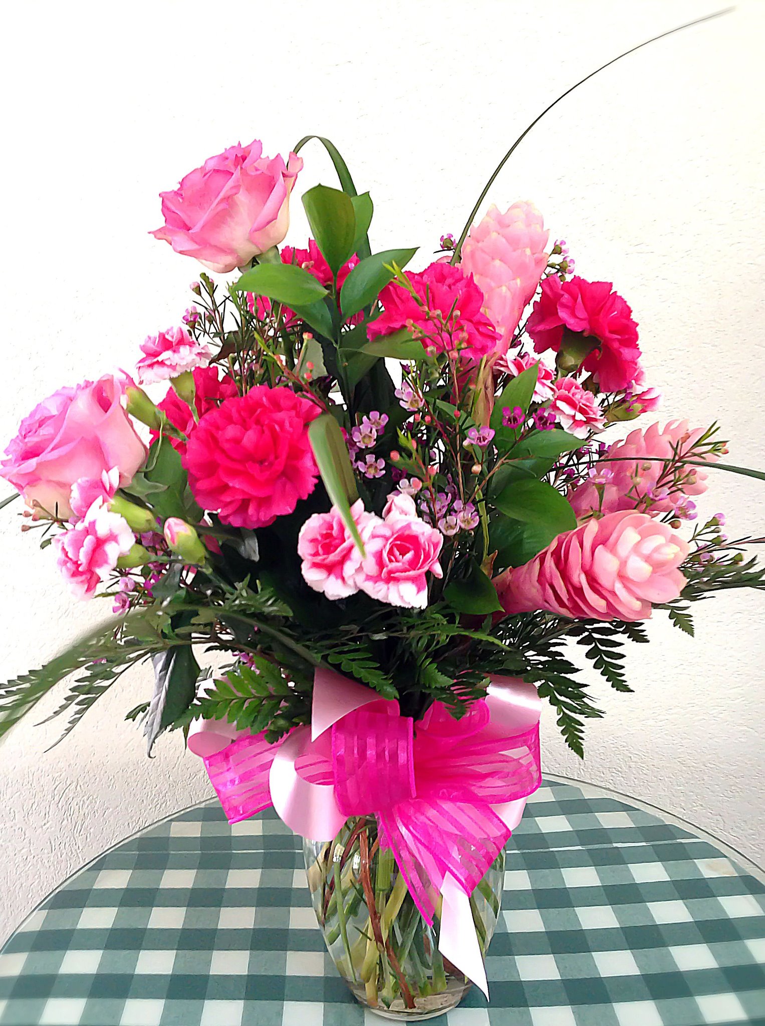 Pink Mother’s Day flower arrangement with roses and mixed blooms created by Victoria Florist in Barbados.