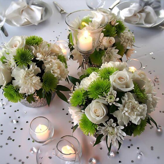 Wedding table centrepiece with white flowers, greenery, and candles created by Victoria Florist in Barbados.